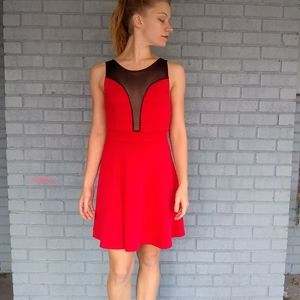 Electric Red Skater Dress with Mesh Insert